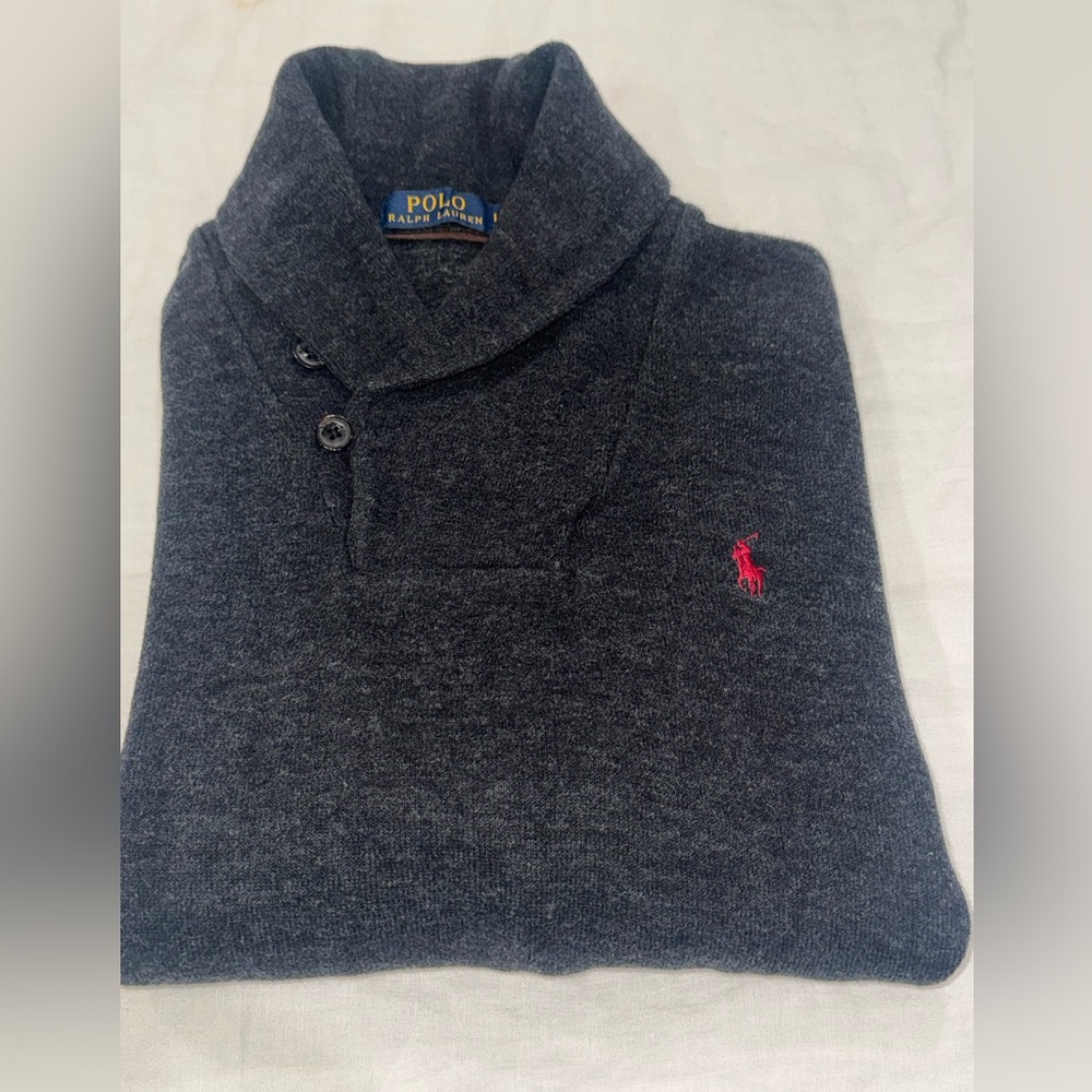 Ralph Lauren Pony Shawl Collar Ribbed Pullover Suede Elbow Patch Sweater L Gray